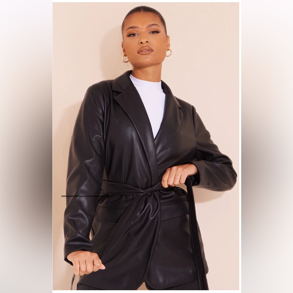 Black faux leather wrap belted jacket